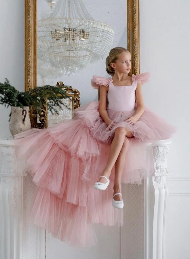 تايك تو فستان ميني بناتي تول وردي بلا أكمام مع ذيل